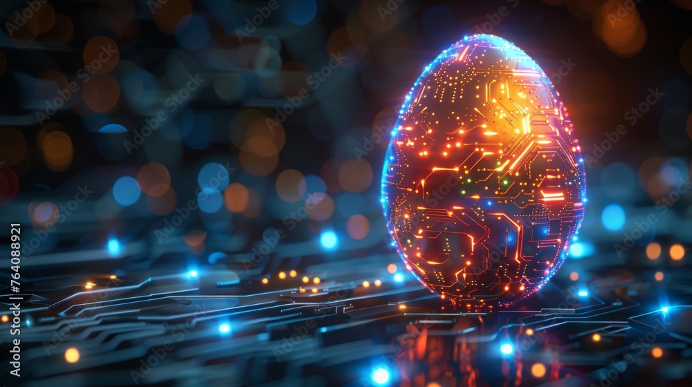Poster greeting card with abstract 3d egg with circuit board texture. modern illustration
