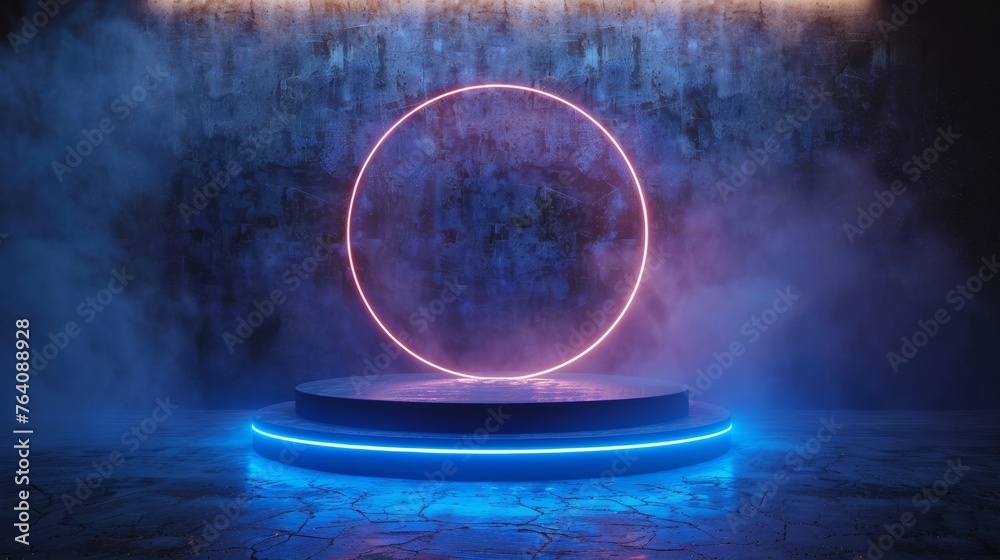 Poster Display pedestal with a neon circle and an empty space for your product. Modern illustration isolated on a blue background.