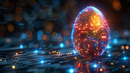 Greeting card with abstract 3D egg with circuit board texture. Modern illustration - obrazy, fototapety, plakaty