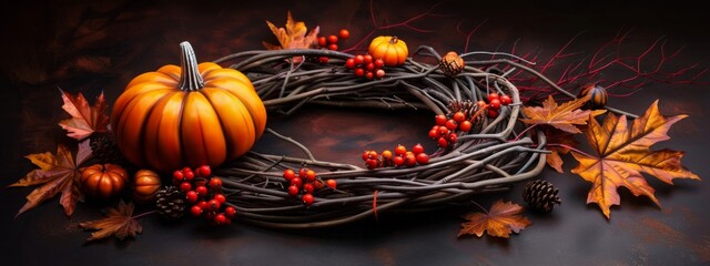 Door wreath of branches, decorated with berries, orange leaves and pumpkin isolated on dark background. Autumn harvest, fall. Thanksgiving or Halloween holiday concept