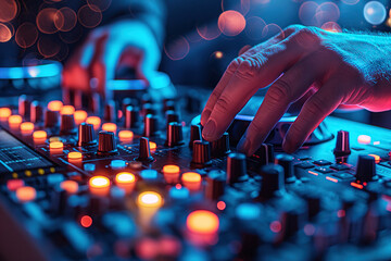 male hands of DJ man mixes music on a DJ console mixer board with turntable at nightclub in night...