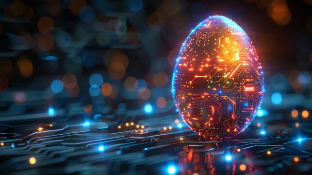 Greeting card with abstract 3D egg with circuit board texture. Modern illustration