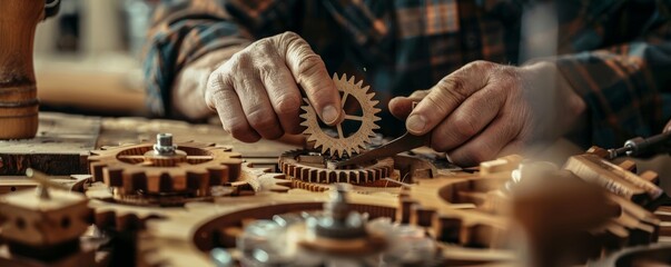  Master carpenter at work hands finely tuning wooden gears for a custom clock - obrazy, fototapety, plakaty