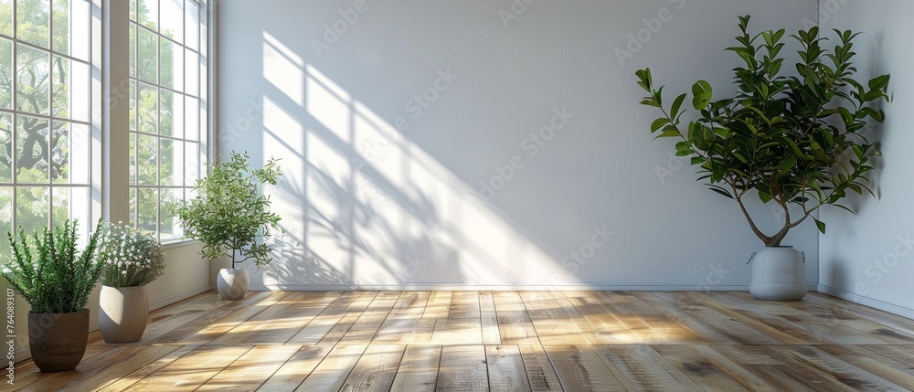 Poster model of white empty room and wood laminate floor with sunlight casting shadows on the wall. 3d rend