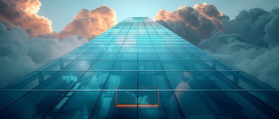 3D rendering of a high rise building with a dark steel window system with clouds reflected on the glass. Business concept of future architecture, looking up at the angle of the building corner.