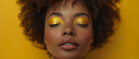 African American Fashion Model poses against yellow background and touches her face. Headshot portrait of a happy brunette teenager with an afro haircut and a creative yellow make-up.