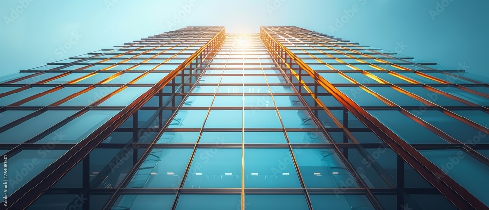 Fototapete Three dimensional rendering of a glass high rise building on a clear blue sky background. Business concept of future architecture, with the sunlight coming from the top of the building.