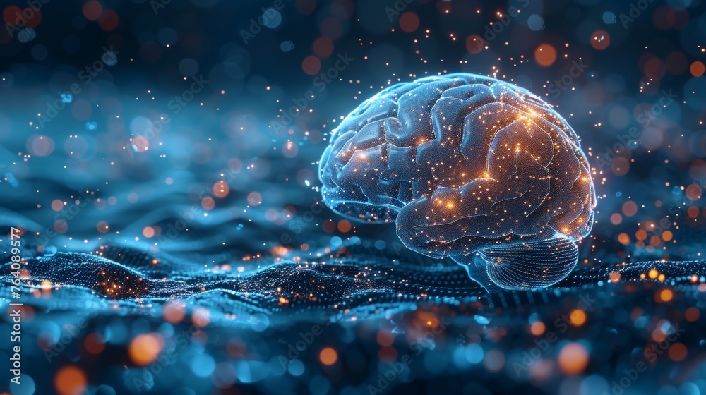 Poster a low poly wireframe style brain on a blue background. particles are connected in a geometric silhou