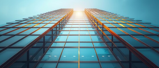 Three dimensional rendering of a glass high rise building on a clear blue sky background. Business concept of future architecture, with the sunlight coming from the top of the building.