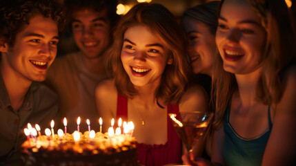 Obraz premium A joyful moment as a woman is about to blow out birthday candles surrounded by friends.