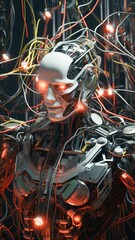 Fototapeta premium A robot emerging from a tangle of wires and circuit boards