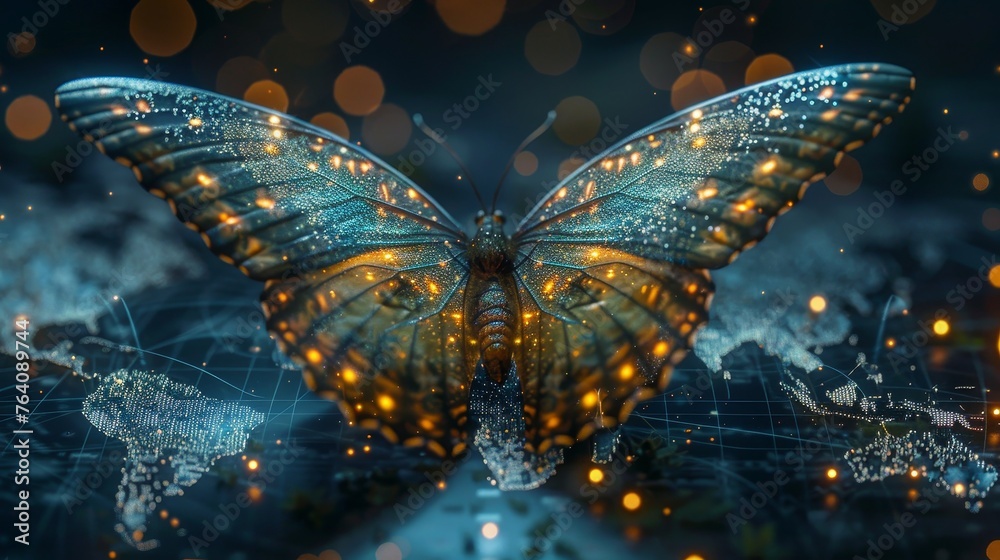 Poster in a digital futuristic style, a butterfly flies over a world map on the background of a successful 