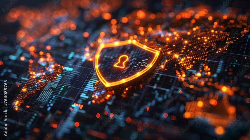 Poster Modern illustration of a shield lock in a futuristic polygonal style. Concept of internet privacy or cyber security on a world map background.