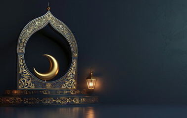 3d rendering of golden ramadan podium with lantern on black background for product display presentation design, copy space concept, generative ai