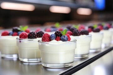 Food production process in a plant. Manufacturing white yogurt