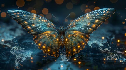 In a digital futuristic style, a butterfly flies over a world map on the background of a successful startup or investment.
