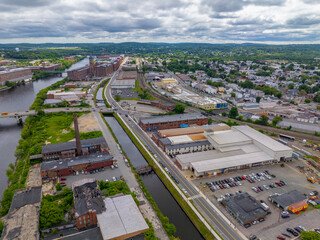 Ayer Mills and South Canal aerial view by the Merrimack River in downtown Lawrence, Massachusetts...