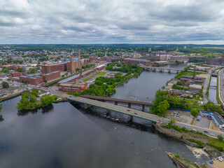 Atlantic Mills and Pemberton Park aerial view with River Bridge over Merrimack River in downtown Lawrence, Massachusetts MA, USA. The historic building was built in 1910 and now is abandoned. 