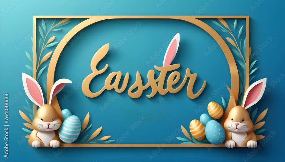 Wall mural Easter greeting card with bunny ears and gold texture frame. Vector 3d abstract illustration. Copy space. Easter rabbit with lettering Happy Easter on blue background created with generative ai