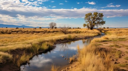 Fototapeta na wymiar A creek crosses the prairie at Maxwell National Wildlife Refuge in New Mexico