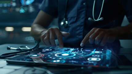 A healthcare professional is interacting with a futuristic digital tablet displaying medical data.