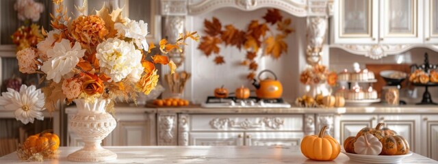 Interior of light kitchen in classic style. Orange, white and yellow leaves and flowers in the vase on light background. Concept of home and comfort. Autumn decor for Halloween or Thanksgiving day