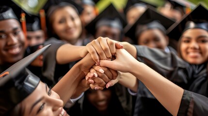 Obraz premium A group of graduates holding hands and smiling, symbolizing their shared accomplishment