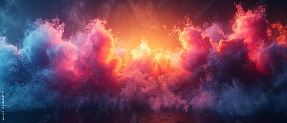 Poster chromatic mirage: colorful smoke effect shapes emerging from deep shadows of a profound black backgr