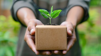 Hands holding a cardboard box with a green seedling sprouting from it, symbolizing the potential for growth through sustainable practices - obrazy, fototapety, plakaty