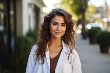 Healthcare and medicine. Portrait of a female doctor outside of a hospital.