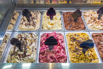 Ice Cream in Trays at Display Fridge Cabinet