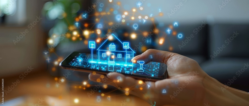 Aufkleber internet of things concept. a man holds a phone in his hand, controlling a smart home via the intern