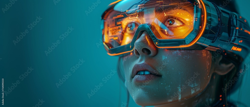Poster a cyborg woman or robot working in 3d virtual reality cyberspace. robotic lady looking up, analyzing