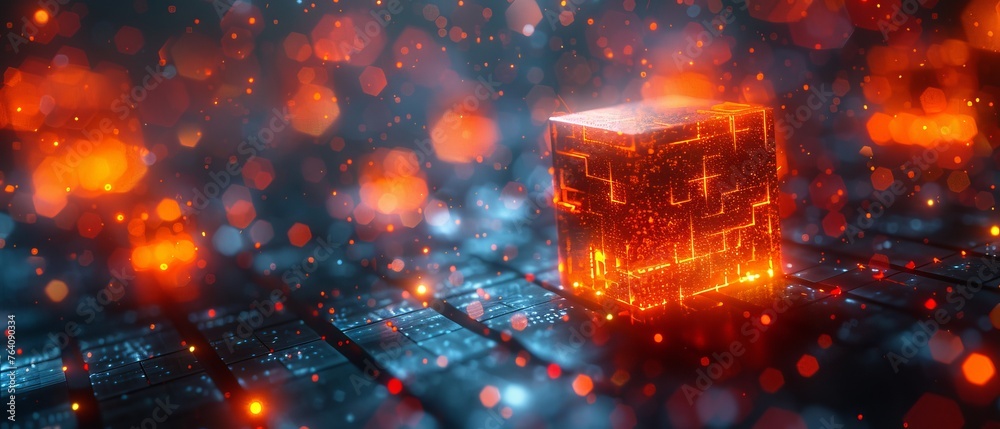 Poster Cryptocurrencies are mined, exchanged, and arbitrated peer-to-peer. A digital block or cube comprises digital financial data. Abstract background in the fintech sector. Blockchain technology.