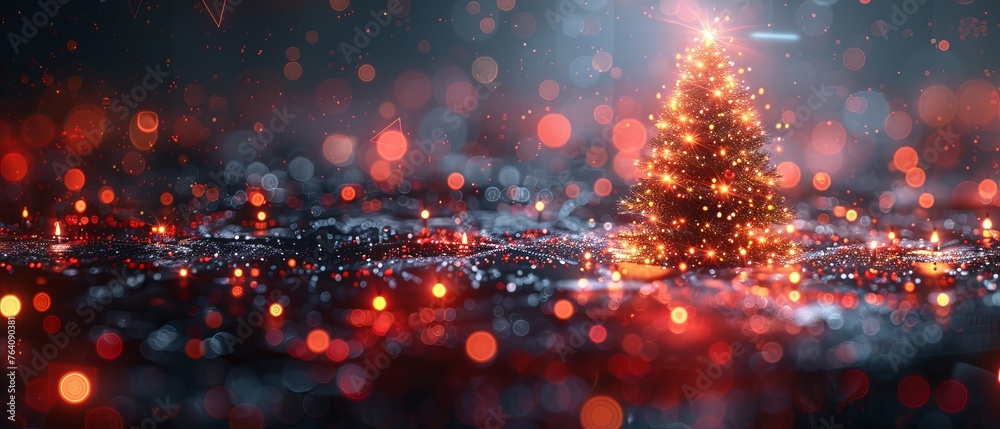Poster Merry Christmas congratulations card with digits 2024 in electronic technology style. Christmas poster with Christmas tree and digits 2024.