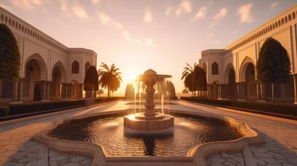 Fototapeten Eastern landscape of the palace complex with a fountain at sunset. Oriental, Arabic arches and architecture © muza