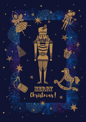 Gold Nutcracker. Cute Christmas vector poster. . - 764090392