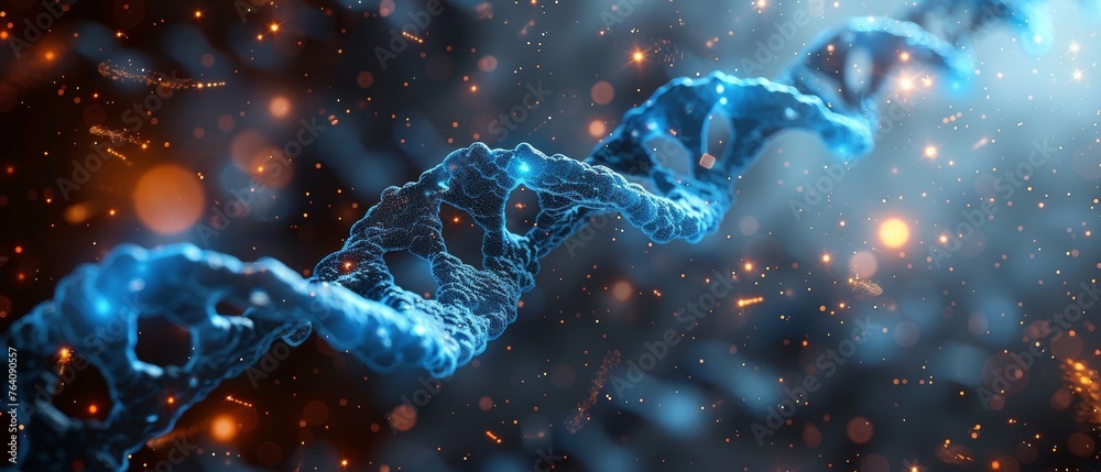 Aufkleber ingenious dna concept. mesh spheres from flying debris. thin line concept. blue structure style illu