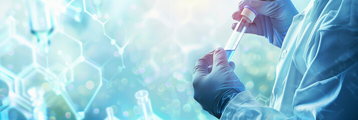 hand of scientist with test tube and flask in medical chemistry lab blue banner background (2)