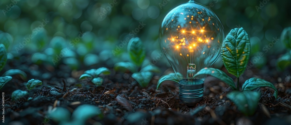 Leinwandbilder green plant inside a blue glowing light bulb with a low poly design. abstract geometric background. 