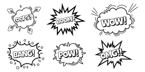 Pow comic bubble collection. Sound dialogue speech bubbles with word - Oops, WOW, Boom and other. Pop art expression in black and white color.