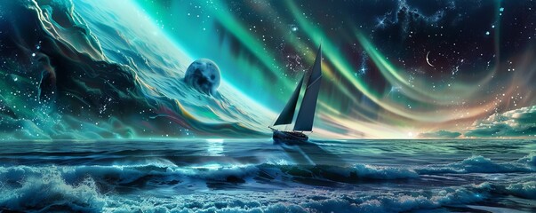 Auroras luminescent caress over a sailboat at sea where glowing waves lap against the hull guiding the way - obrazy, fototapety, plakaty