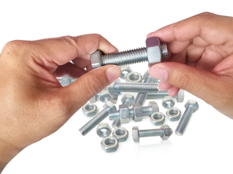 Nut and screw on hand, transparent background