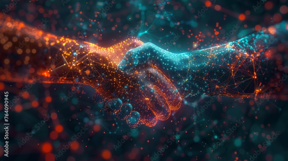 Aufkleber Business handshake in the form of a starry sky or space. Consists of points, lines, and shapes in the shape of planets, stars, and the Universe.