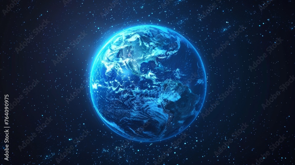 Aufkleber An abstract 3D graphic of a bright blue glowing earth in a power button. Earth hour concept. Low poly style design. Geometric background. Wireframe light connection structure. Modern 3D graphics.