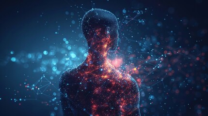 A low poly wireframe illustration of an abstract isolated human body on a blue background. Polygonal top of body of adult man with polygons, particles, lines and connected dots. Medicine and healthy