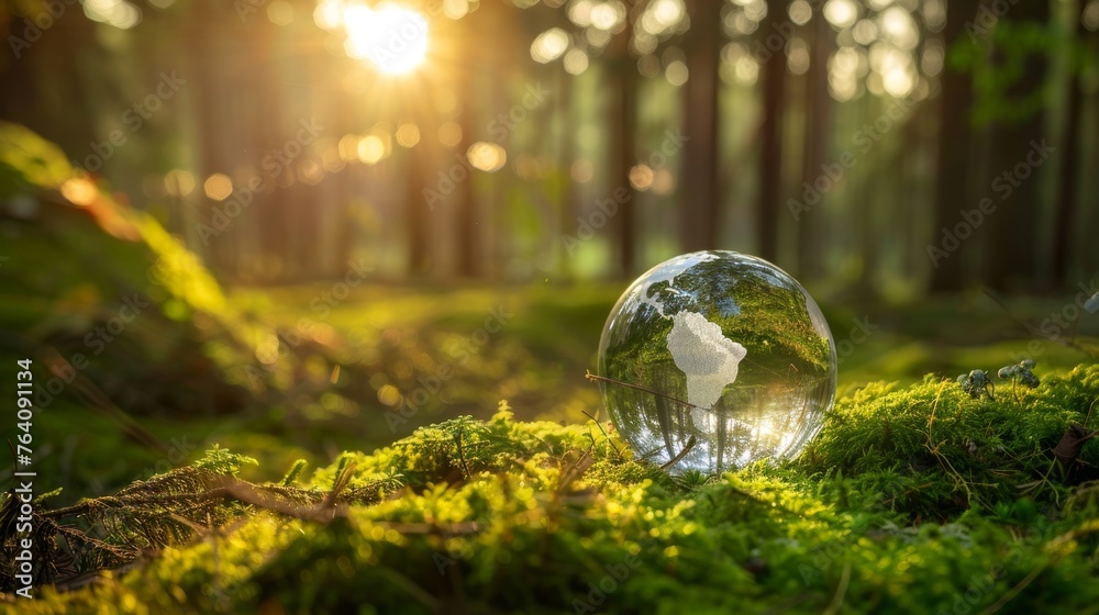 Poster a crystal globe rests on moss in a forest - environment concept