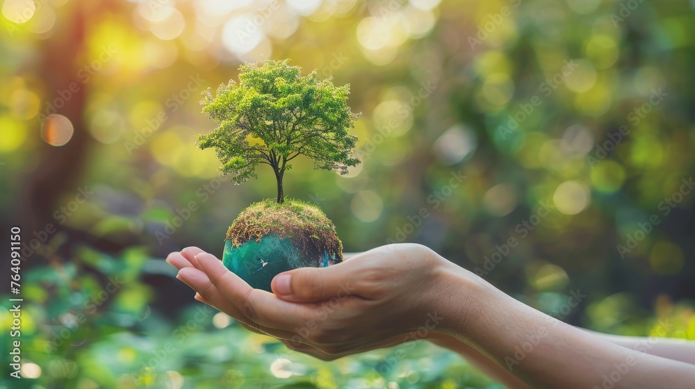 Poster ecological and environmental concept of hands protecting a globe of green tree on a tropical summer 