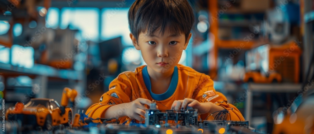 Leinwandbilder A group of Asian teenagers are doing a robotics project at home using computers and coding. They're learning about robotics programming and STEM concept education.