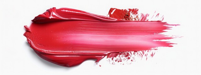 Cosmetic lipstick abstract stroke isolated on white background. Swatch, sampler of lipstic, tint or blusher. Cream makeup texture. Bright red color cosmetic product brush stroke swipe sample - obrazy, fototapety, plakaty